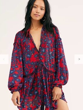 Free People Red Floral Print Button Front Mini Dress Boho Beach Oversize Size XS